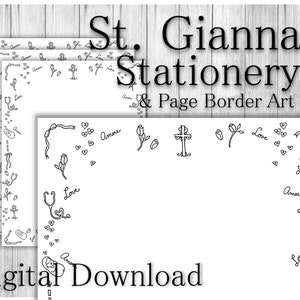 Może przedstawiać: Czarno-biała, drukowana ramka do papieru firmowego z krzyżem, różami, sercami i napisami "Love" i "Amore". Tekst "St. Gianna Stationery & Page Border Art" znajduje się u góry strony. Tekst "Digital Download" znajduje się na dole strony.