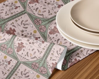 Caminho de mesa católico de Páscoa Pax Domini com cordeiros, crucifixo, Chi Rho e heráldica medieval com design sagrado - guardanapos e jogos americanos também disponíveis