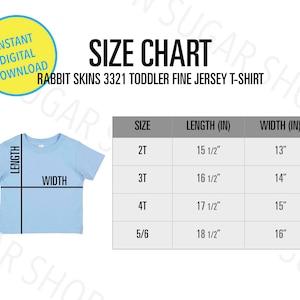 Rabbit Skins 3321 Toddler T-Shirt Size Chart | 3321 Size Chart | RS3321 | 3321 Rabbit Skins Mockup | Kid's tshirt size chart