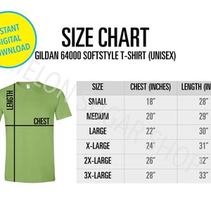 Gildan 64000 Size Chart | Gildan 64000  Softstyle Mockup Shirt | Gildan Sizing Mock up Men&#39;s Unisex Tee T-Shirt Design Template g64000