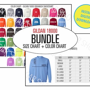 Gildan 18000 Size and Color Chart | Gildan Size Chart Mockup | Unisex Crew Neck Sweatshirt Size Mockup| Gildan Size Chart Bundle