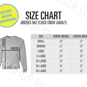 Jerzees 562 Size Chart | Adult Unisex NuBlend Fleece Crew | Size Chart Mockup