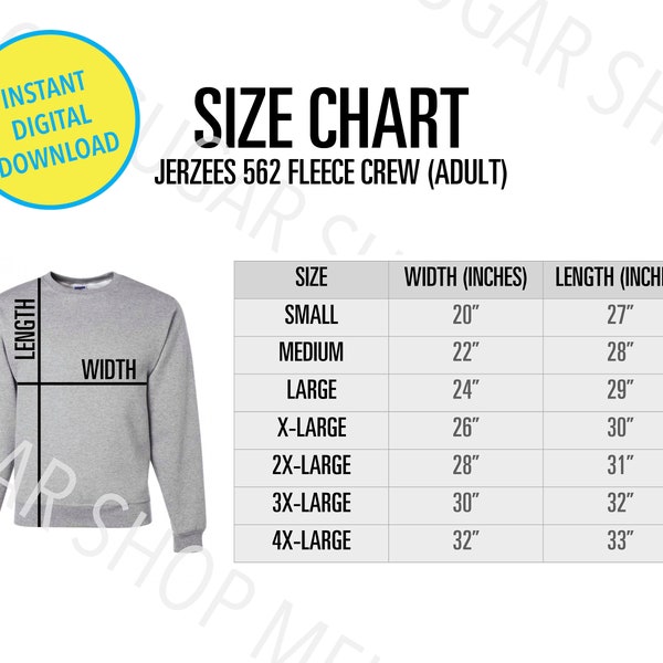 Jerzees 562 Size Chart | Adult Unisex NuBlend Fleece Crew | Size Chart Mockup