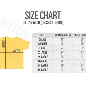 Gildan 5000 Size Chart | Gildan Size Chart | Gildan Size Chart mockup | Unisex size Chart | Up to 5XL