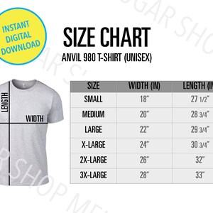 Anvil 980 Size Chart | Anvil Size Chart | Unisex Lightweight T-Shirt | Anvil 980 Size Guide | Flat Lay Tee Size Mockup