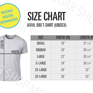 Anvil 980 Size Chart | Anvil Size Chart | Unisex Lightweight T-Shirt | Anvil 980 Size Guide | Flat Lay Tee Size Mockup