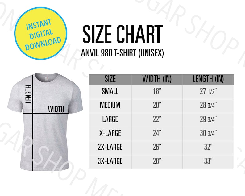 Anvil 980 Size Chart Anvil Size Chart Unisex Lightweight T-shirt Anvil ...
