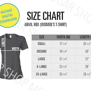 Anvil 880 Size Chart | Anvil Size Chart Mock up | Ladies Women&#39;s T-Shirt Short Sleeve Tee Sizing Mockup