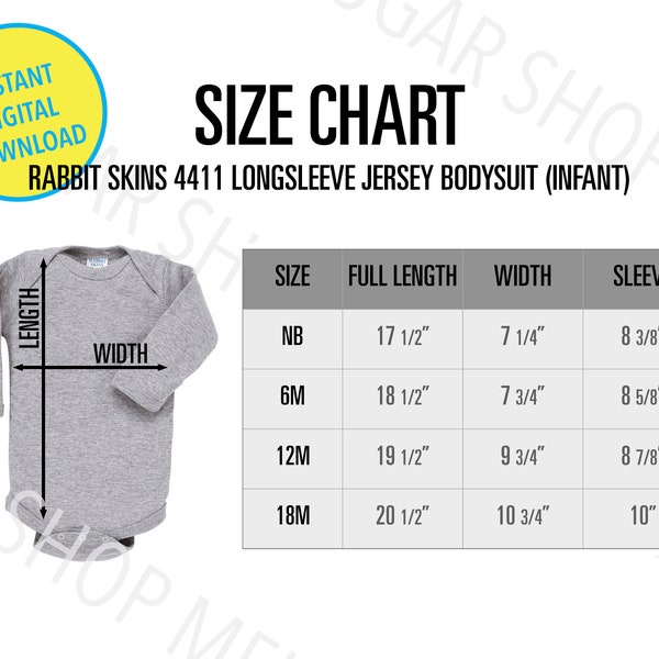 Rabbit Skins 4411 Size Chart | Infant Long Sleeve Bodysuit  | RS4411 Long sleeve Onesie Size chart Mockup