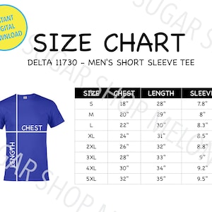 Delta 11730 Size Chart, Delta T-Shirt Size Chart, Men's Short Sleeve Tee Size Chart, Downloadable, Printable, Mens Size Chart