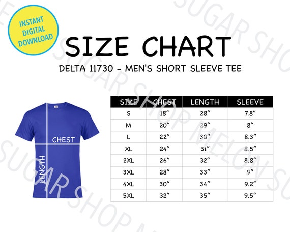 Delta 11730 Size Chart, Delta T-shirt Size Chart, Men's Short