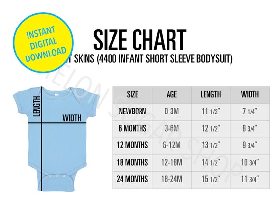 Rabbit Skins Sizes, Onesie Size Chart, baby size chart, Rabbit Skins 4400  size Chart, Unisex Short Sleeve Bodysuit, Onesie Size Chart Mockup