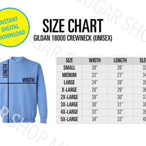 Gildan 18000 Size Chart | Crew Neck Sweatshirt 18000 Unisex | Gildan Crewneck Size Chart Mockup | Gildan Sweatshirt Size chart | Size Guide