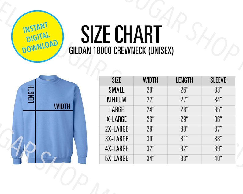 Gildan 18000 Size Chart Crew Neck Sweatshirt 18000 Unisex - Etsy Canada