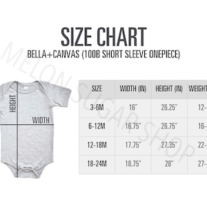 Bella + Canvas 100B baby Onesie size chart mockup | baby t-shirt size chart | baby One Piece Flat Lay | one piece size chart
