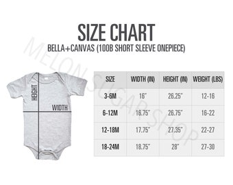 Bella + Canvas 100B baby Onesie size chart mockup | baby t-shirt size chart | baby One Piece Flat Lay | one piece size chart