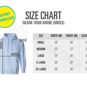 Gildan 18500 Size Chart Mockup | Heavy Blend Hoodie Sizing | Hoodie Size Chart | Gildan size chart Hoodie | Unisex Size chart