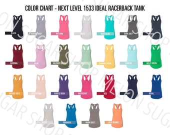 Nächste Stufe 1533 Farbkarte | Nächste Ebene Größendiagramm | NEXT LEVEL Racerback Tank Top Farbe Diagramm Mockup | Minimales einfaches Design