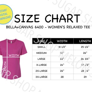 bella Canvas 6400 Size Chart, Bella + Canvas 6400 Size Guide, BC6400 Size Chart, Women&#39;s Relaxed Tee, Bella 6400 Mockup Flat Lay