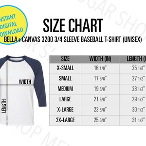 Bella Canvas 3200 Size Chart / Bella Canvas Baseball Tee Size Chart / Bella Canvas Sizes / Bella and Canvas Raglan Size Chart Mockup