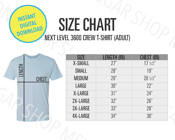 next level tee size chart