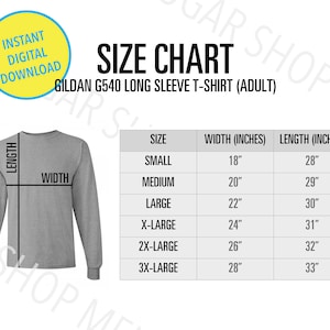 Gildan 5400 Size Chart | Gildan g540 Size Chart| Gildan Unisex Heavy Cotton Long Sleeve T-Shirt Size Chart | T-Shirt Size Chart Mockup