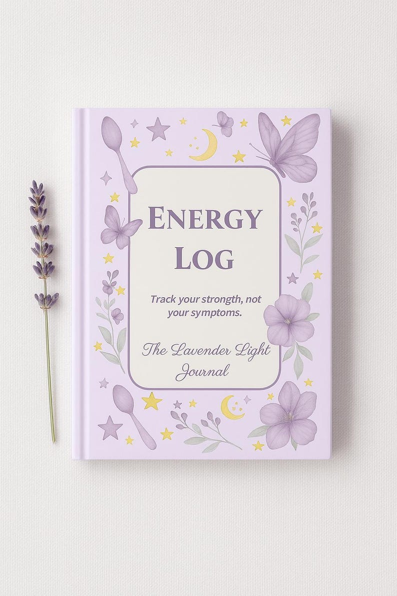 May include: A lavender-colored journal titled "ENERGY LOG" with floral and butterfly illustrations. The cover includes the text "Track your strength, not your symptoms" and "The Lavender Light Journal". A sprig of lavender is to the left.