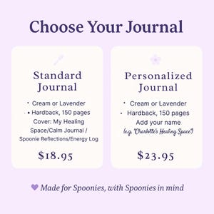 May include: A promotional image for journals. The text reads "Choose Your Journal" with options for a standard journal and a personalized journal. Both journals are available in cream or lavender, with 150 pages and a hardback cover. The personalized journal allows for a name to be added.