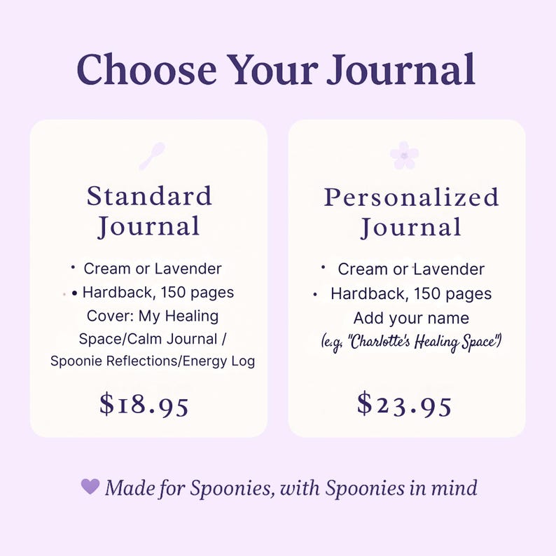 May include: A promotional image for journals. The text reads "Choose Your Journal" with options for a standard journal and a personalized journal. Both journals are available in cream or lavender, with 150 pages and a hardback cover. The personalized journal allows for a name to be added.
