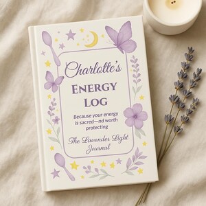 May include: A cream-colored journal titled "Charlotte's ENERGY LOG" with lavender and yellow watercolor illustrations of butterflies, flowers, spoons, stars, and a crescent moon. The text reads "Because your energy is sacred-nd worth protecting" and "The Lavender Light Journal."