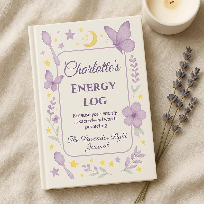 May include: A cream-colored journal titled "Charlotte's ENERGY LOG" with lavender and yellow watercolor illustrations of butterflies, flowers, spoons, stars, and a crescent moon. The text reads "Because your energy is sacred-nd worth protecting" and "The Lavender Light Journal."