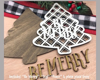 Plaid Weihnachtsbaum Cut File SVG Glowforge Joy, Be Merry, Peace, personalisierte Split Name Ornament, Türhänger oder Dekoration - 4 DATEIEN !!