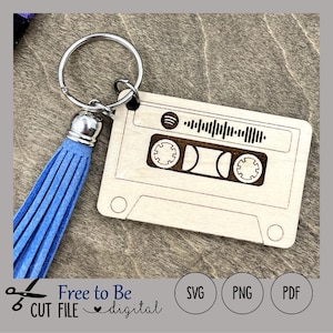 カセット テープ キーチェーン カット ファイル SVG (Glowforge レーザー カッター用) Spotify コード付きミックス テープを作成するためのデジタル ファイル (別売)