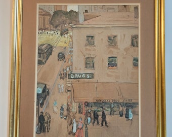 Jane Peterson ART 1867–1975 Street Scene, NY (34th Street)-SIGNED-Charcoal and Gouache on Paper 1920s 24inX18in