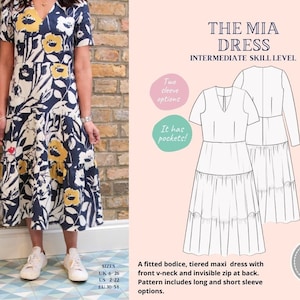 Tiered gathered maxi dress, Mia Dress, PDF Sewing Pattern, Instant download, dress making,  UK 6-26,  US 2-22, Eu 30-54, A4, A0, U.S Letter
