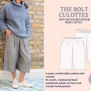 Elasticated waist culottes, Bolt culottes, PDF Sewing Pattern, Instant download,  UK 6-26, US 2-22, Eu 30-54, A4, A0, U.S Letter