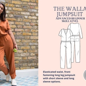 Puede incluir: Una mujer lleva un mono de color óxido con cierre de botones en la parte delantera y cintura elástica. El mono tiene mangas cortas y piernas largas. La imagen incluye un dibujo de línea del mono con mangas largas y una descripción de texto del patrón de costura "Walla Jumpsuit".