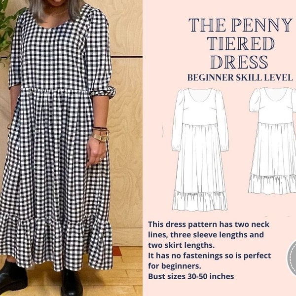 Tiered gathered smock dress, Penny Dress, PDF Sewing Pattern, Instant download, dress making,  UK 6-26,  US 2-22, Eu 30-54, A4, A0, U.S