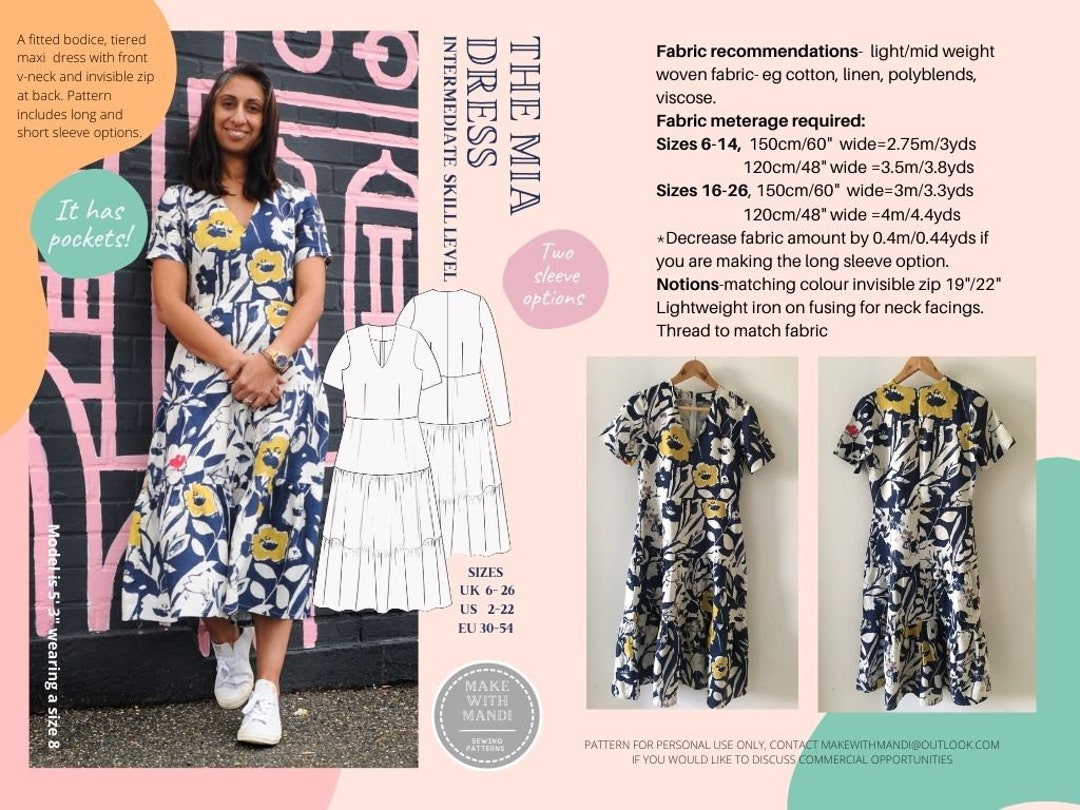 Mesa Pattern Mia Dress Sewing Pattern: Tiered Maxi Dress With V-neck (UK 6-26) - Etsy