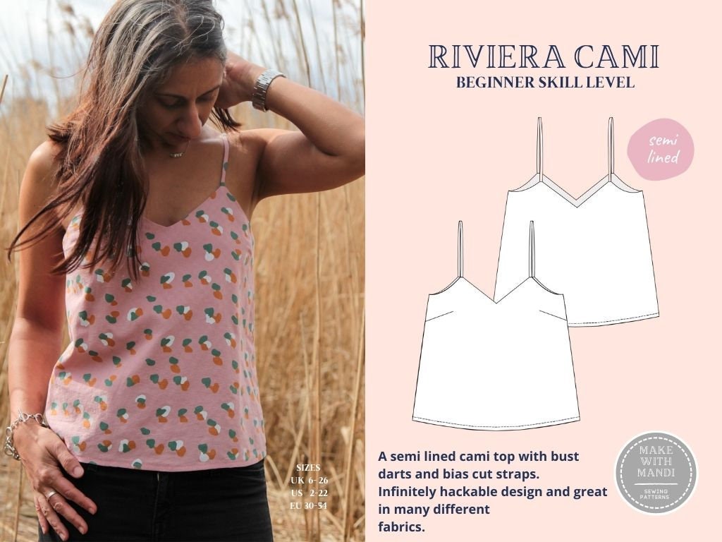 Strappy Cami, Riviera Cami, PDF Sewing Pattern, Instant Download, Beginner  Sewing, UK 6-26, US 2-22, Eu 30-54, A4, A0, U.S Letter 