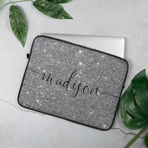 Neoprene Fake Sparkles Personalized Name Sleeve, Neoprene textured Fake Silver Sparkle ,custom laptop case, 13,15 inch sleeve, MacBook cover