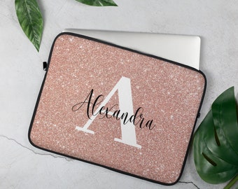 Personalized Name Laptop Sleeve,Pink Rose Gold and Fake Sparkle, Neoprene textured Monogram laptop case,  13,15 inch sleeve, MacBook cover