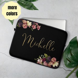 Personalized Name Laptop Sleeve, Floral Light  Gold and Black laptop case,laptop sleeve 13inch,15 laptop sleeve, MacBook cover, laptop cover