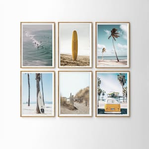 Coastal Prints Set of 6, Beach Prints, Surfing Posters, California Prints, Surfer Art, Surf Wall Art, Coastal Decor, Surfboard, Palm Trees
