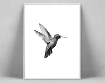 Minimalist Bird Print, Hummingbird Wall Art Print, Black And White Bird Printable, Digital Download Large Poster Scandinavian Art Wall Decor
