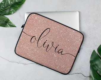 Personalized Name Laptop Sleeve,Pink Rose Gold  Fake Sparkle ,Neoprene textured,custom laptop case, laptop sleeve 13,15 inch, MacBook cover