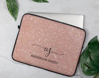 Personalized Name Laptop Neoprene textured, Rose Gold and Fake Sparkle Monogram laptop case, laptop sleeve 13,15 inch sleeve, MacBook cover