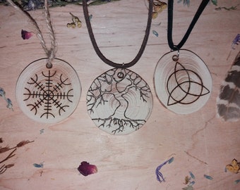 Wood Amulets: Triquetra, Tree of Life, Helm of Awe Pendant, Yggdrasil, World Tree, Viking, Protection Charmed Celtic Necklace Power of Three