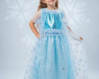 Elsa Frozen Dress Ice Princess Snow Queen, Sequins, Snowflake Cape, Tulle Gown, Birthday Costume