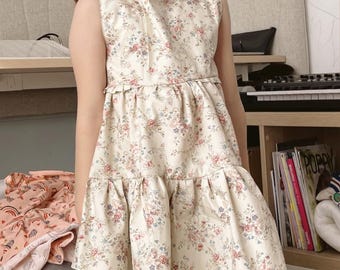 Handmade party Dress, Ivory Poplin with flowers